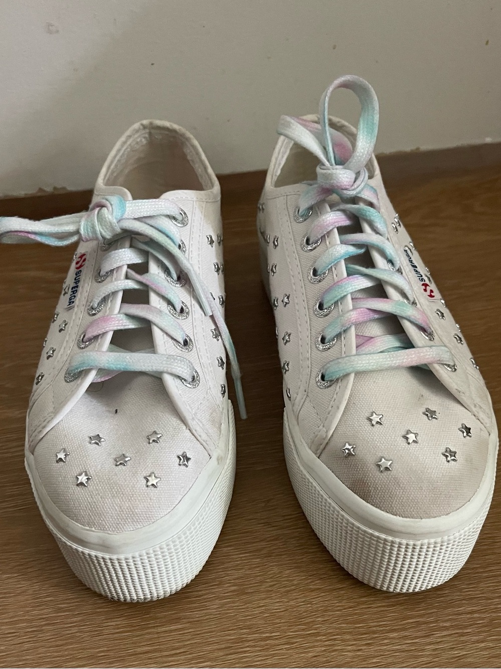 White Superga Platform Sneakers with Star Studs & Pastel Laces
